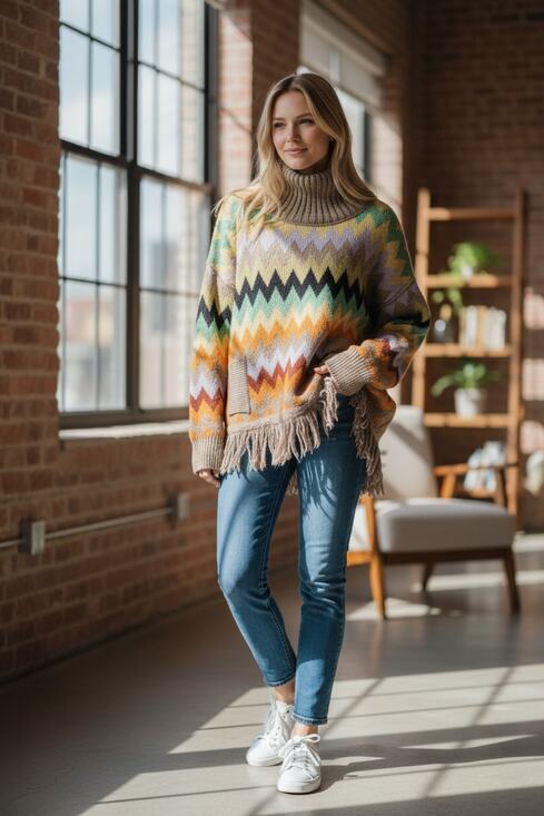 Tracy Reese Sweaters - PLENTY by TRACY REESE Sweater Size M Chevron Multicolor Turtleneck Fringe